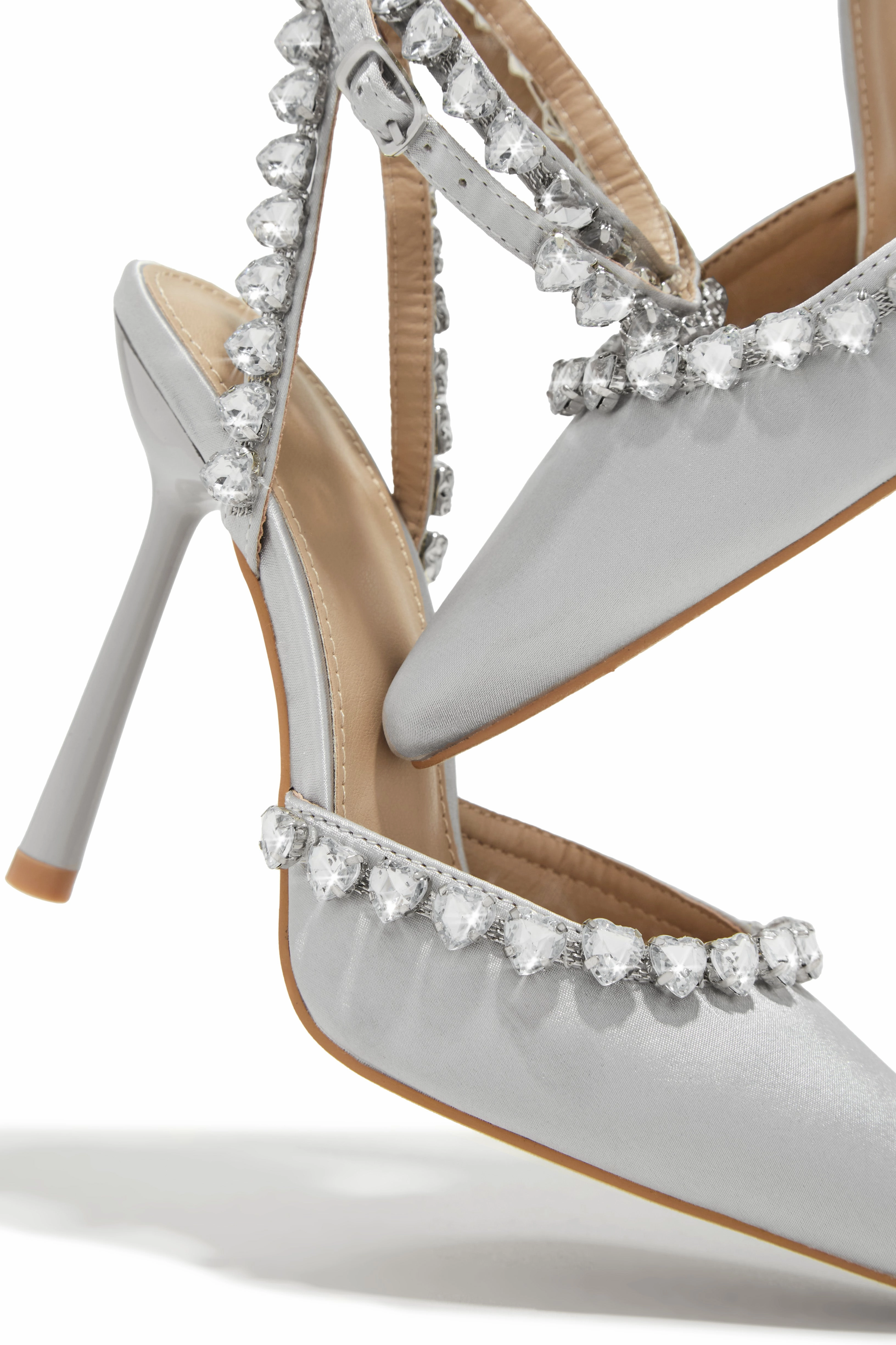 First Love Heart Stone Embellished Pump Heels - Silver