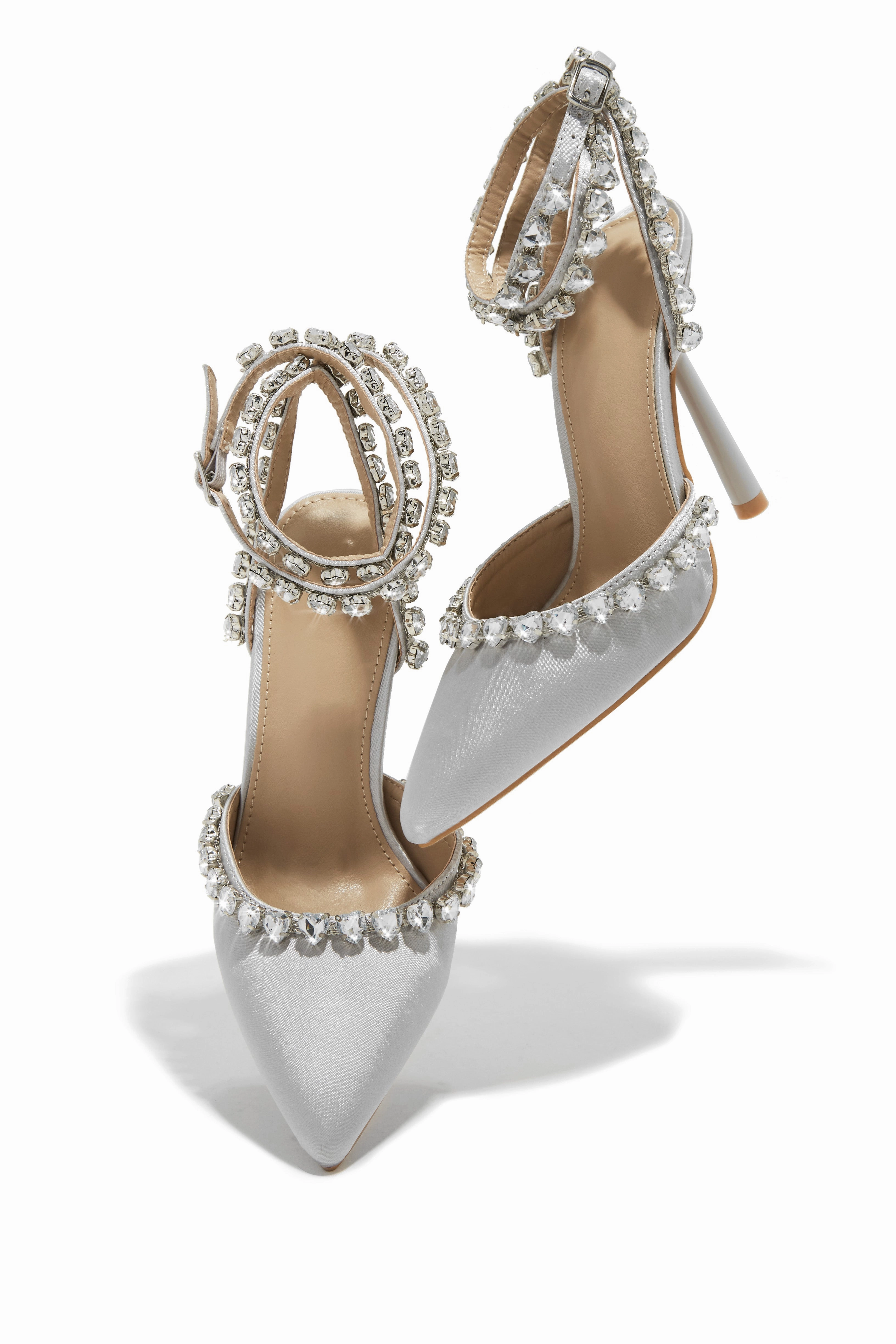 First Love Heart Stone Embellished Pump Heels - Silver
