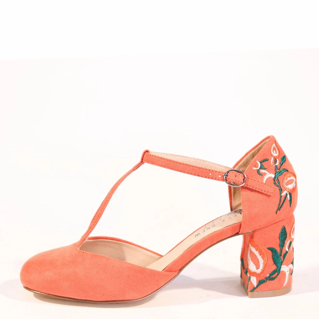 Frenchie T-Strap Embroidered Heels