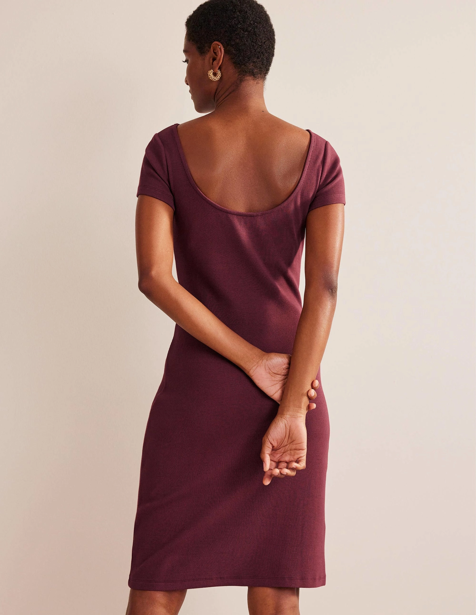 Low-Back Rib Jersey Mini Dress-Dark Burgundy