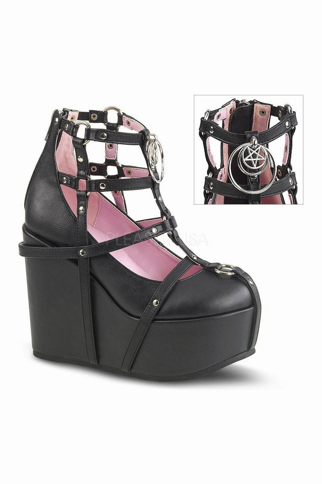 POISON-25-1 Demonia Wedge | Black Faux Leather
