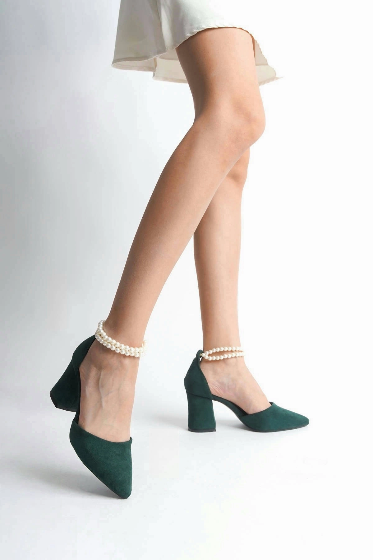 Tess | Emerald Green Suede High Heels with Pearls