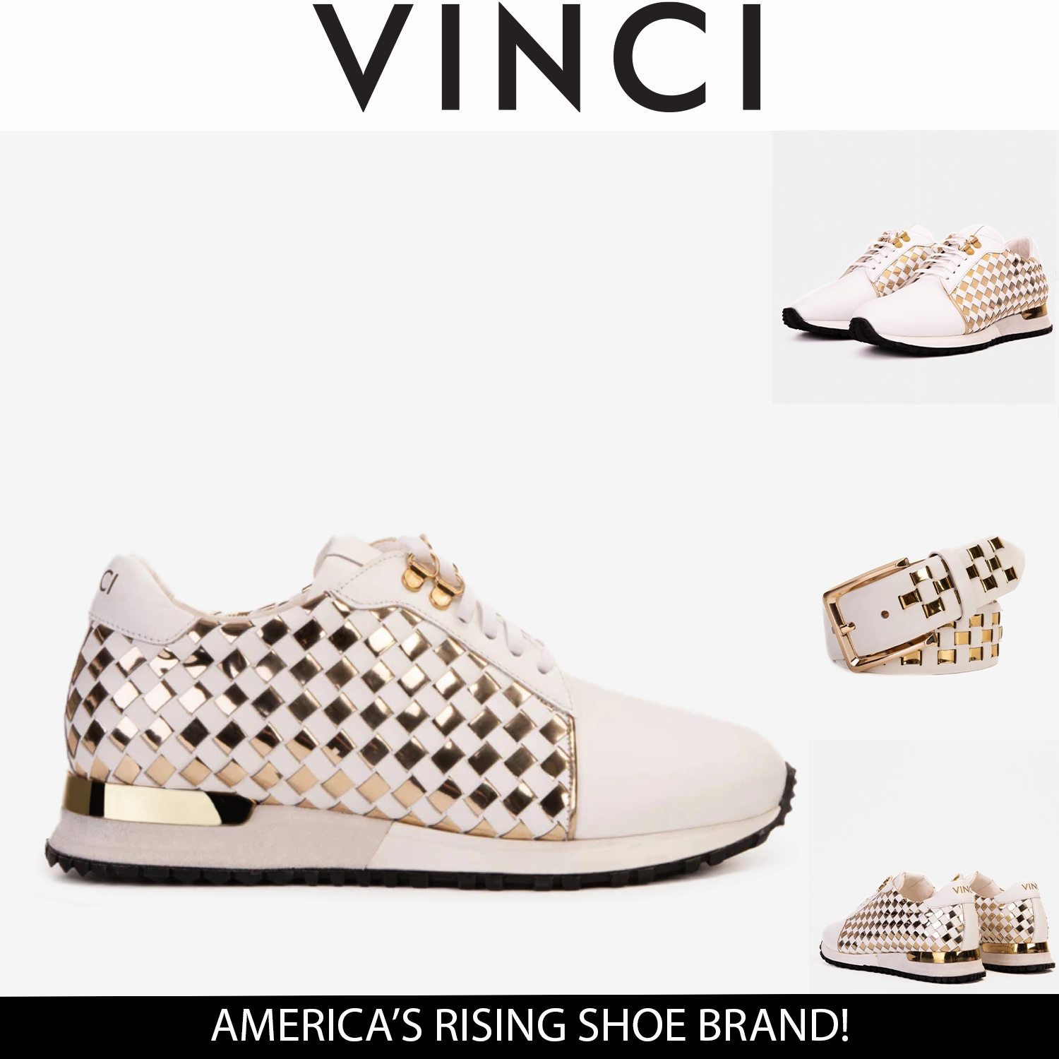 The Mackenzie White & Gold Woven Leather Men Sneaker