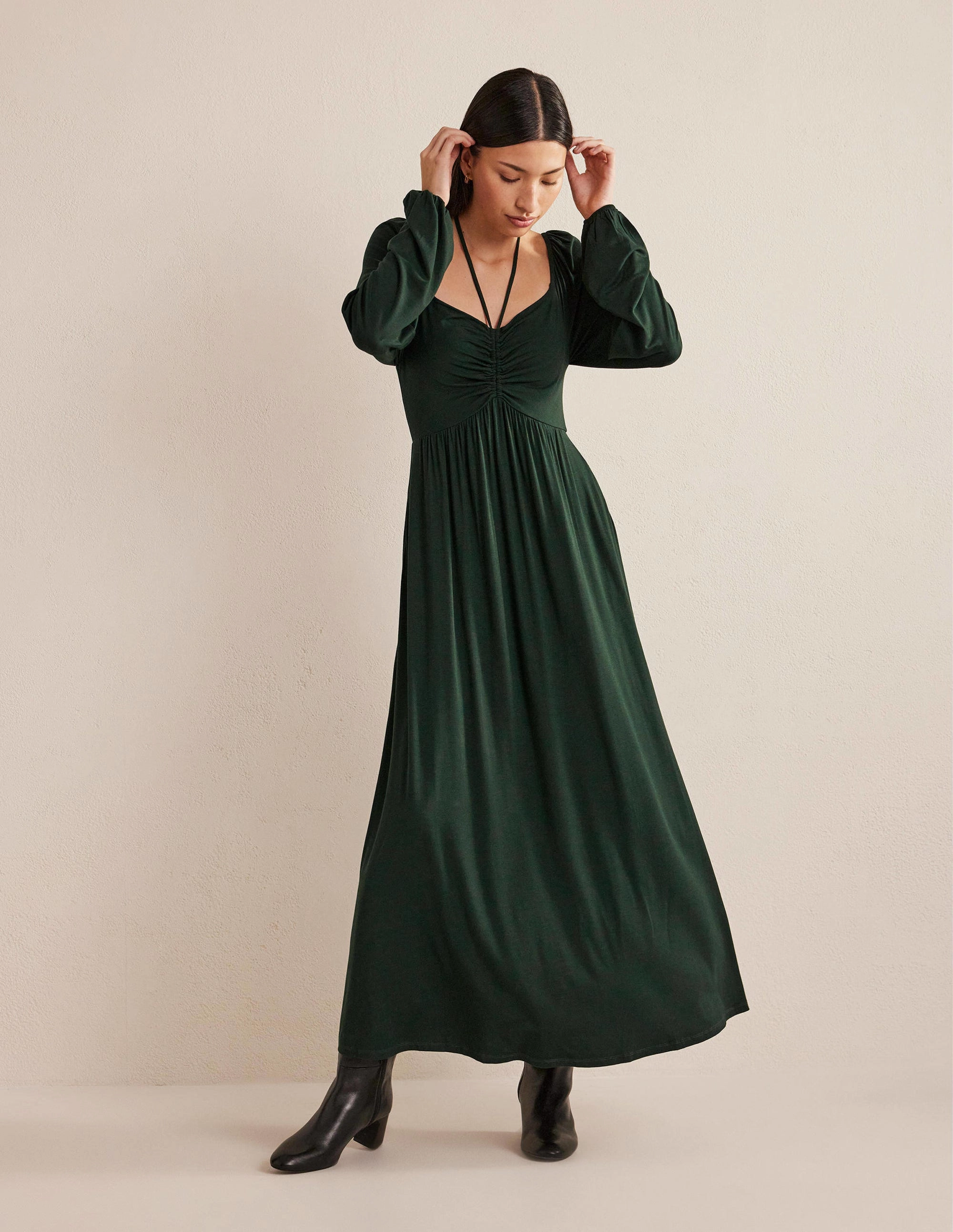 Tie Detail Jersey Maxi Dress-Cavolo Nero